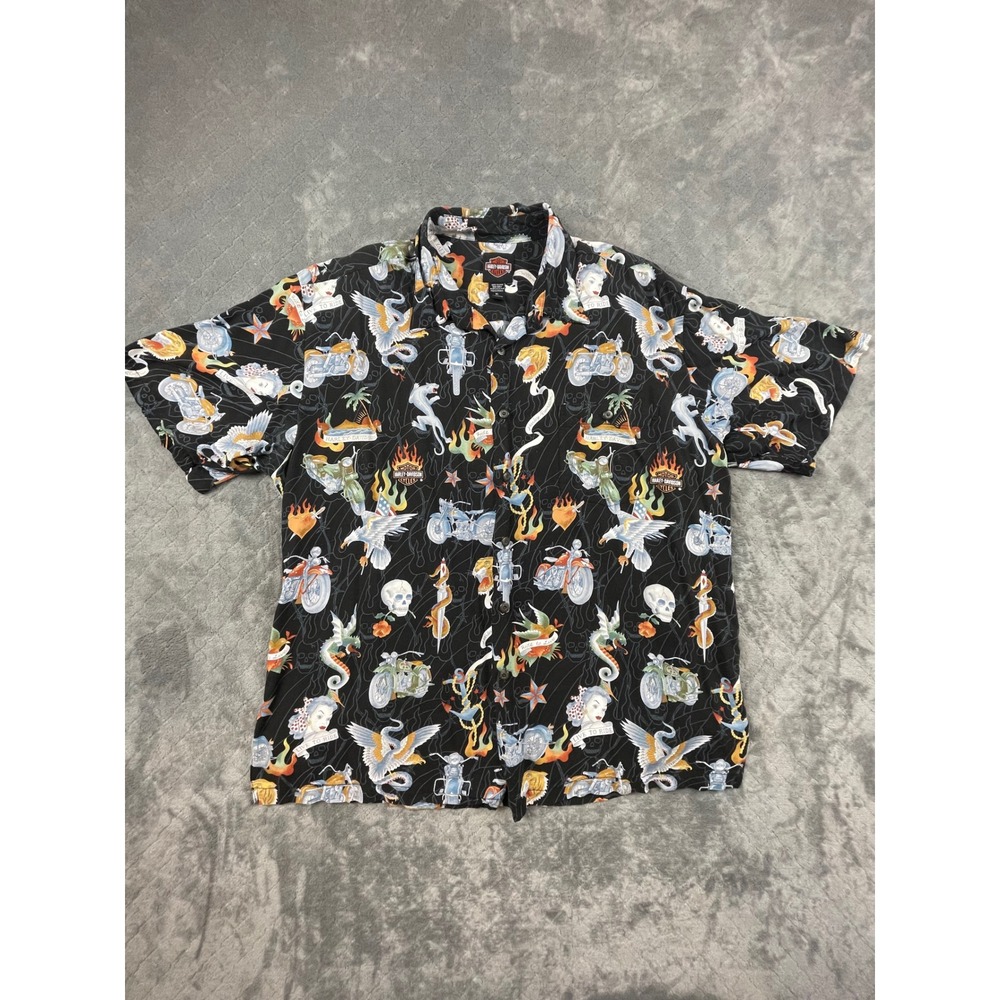 Harley Davidson Men XL Graphic Short Sleeve Button Shirt Tattoo Skull Motorcycle